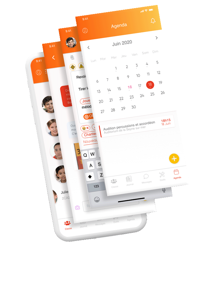 Écrans de l'application Nyumba : agenda avec une audition de percussions et d'accordéon, carnet de l'élève, messagerie et liste de classe.