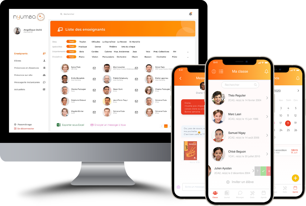 Interface Nyumba sur ordinateur : liste des enseignants filtrée par site et par département, et application mobile ouverte sur la messagerie, la classe et l'agenda.