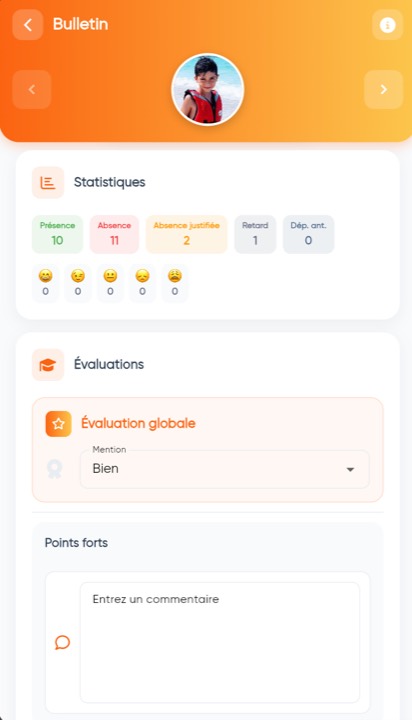 Bulletin d'un élève : présences, absences, retards et évaluation globale.