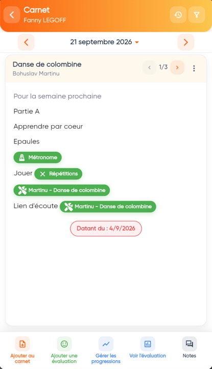 Carnet de l'élève : consignes de travail de la semaine, avec les morceaux et les repères de répétition.