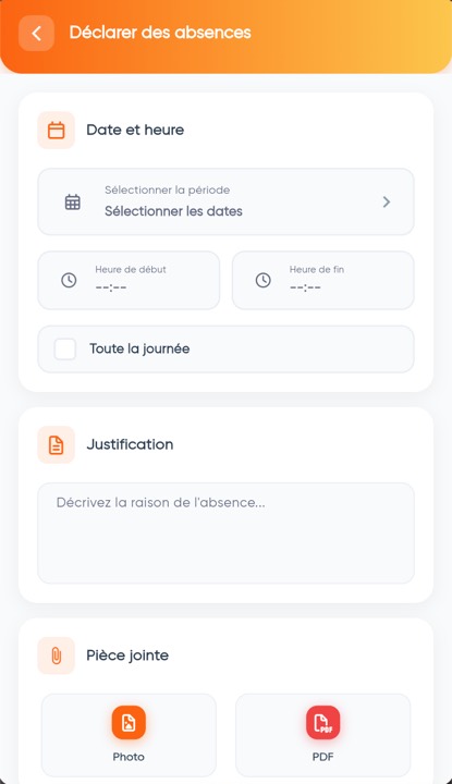 Écran de déclaration d'absence : dates, motif et pièce jointe.