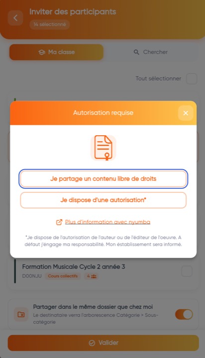 Fenêtre de partage d'un contenu : choix entre contenu libre de droits et autorisation de l'ayant droit.