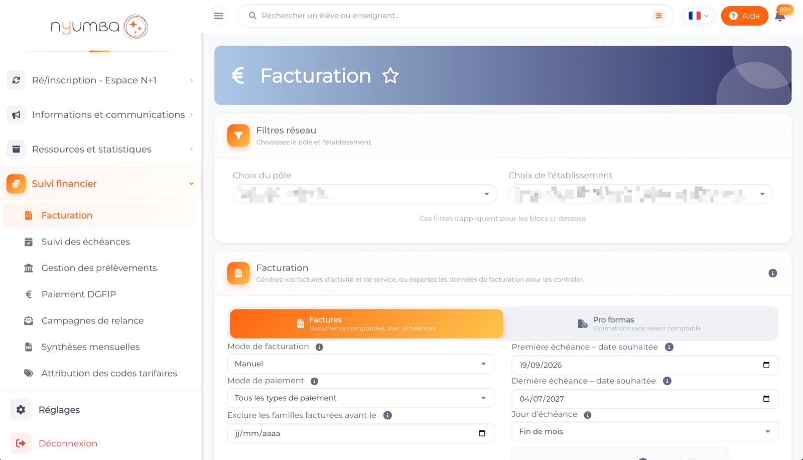 Module de facturation de Nyumba : filtres par pôle et établissement, génération des factures et échéances.