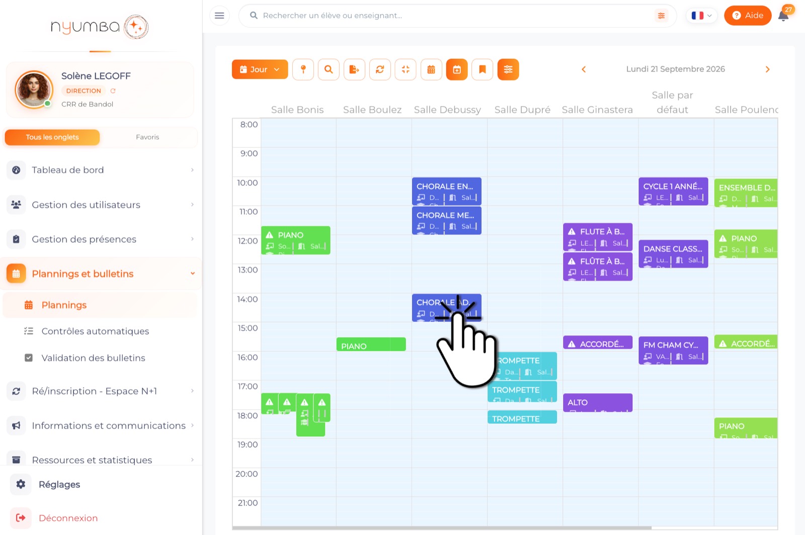 Planning par salle : occupation de chaque salle sur la journée.