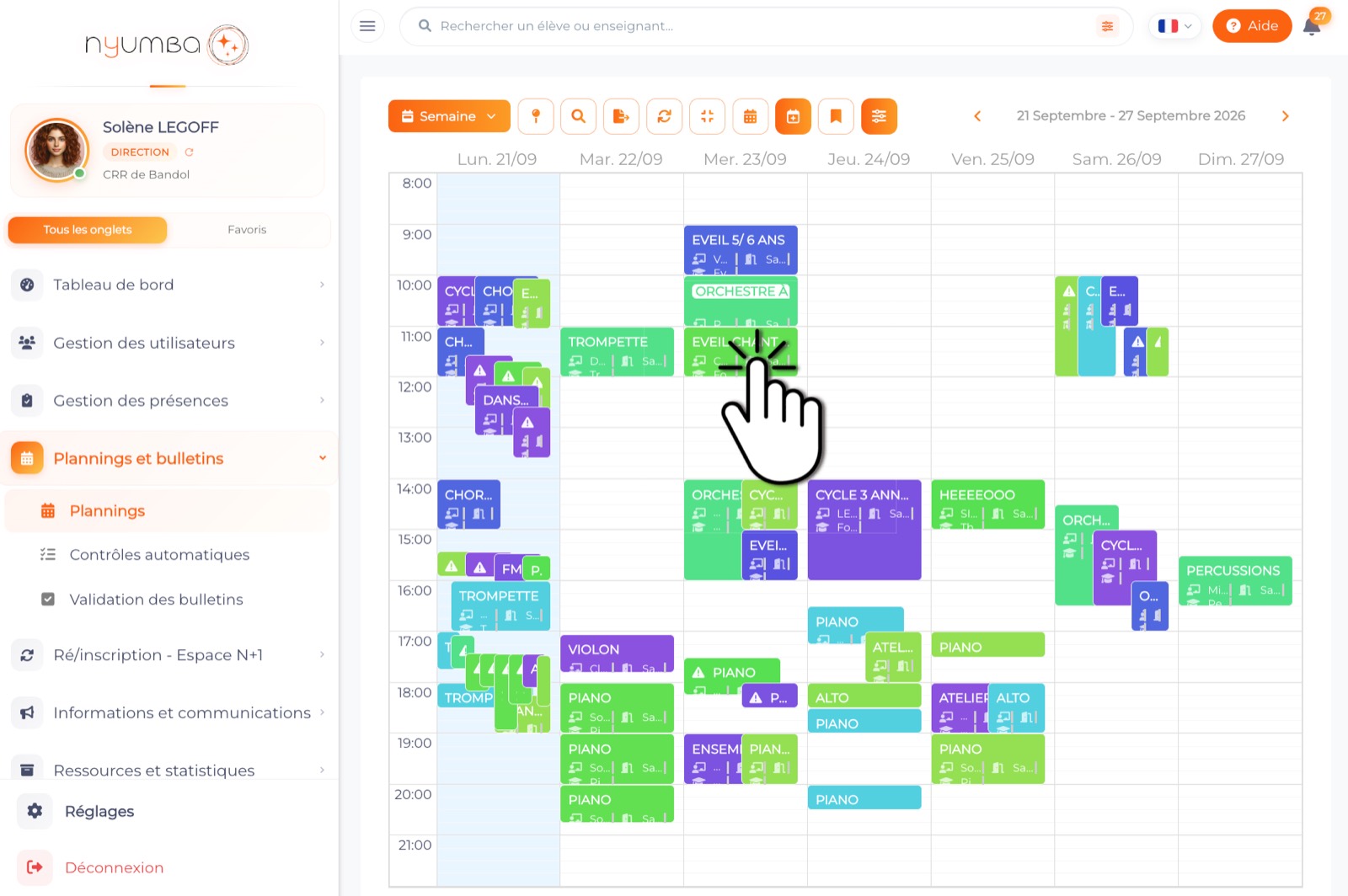 Planning de la semaine : cours par jour et par créneau, avec les salles et les effectifs.